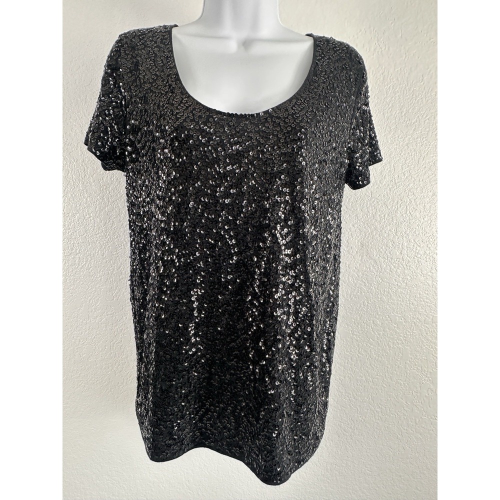 Women's J.Crew Black Sequin Tissue Tee, Sz: M Girl's Night Party Chic